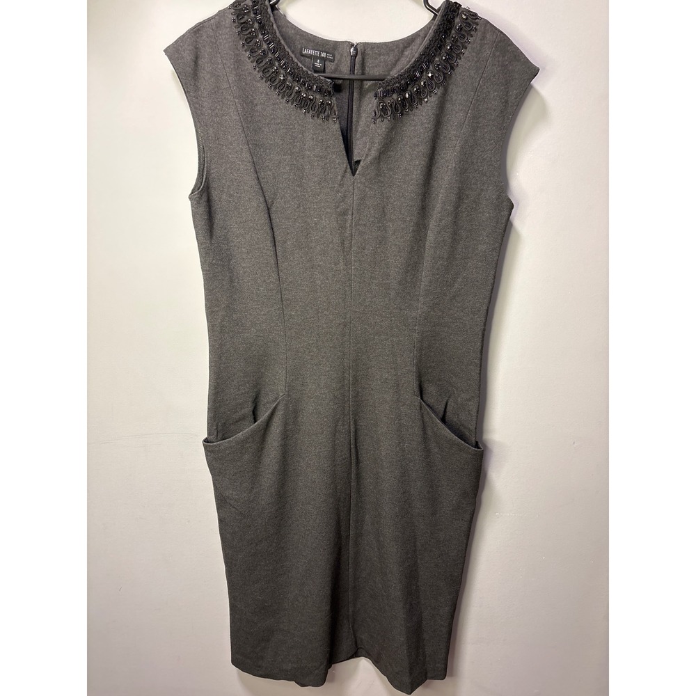Lafayette 148‎ New York Gray Beaded Soutache Neckline Sheath Dress Womens 8